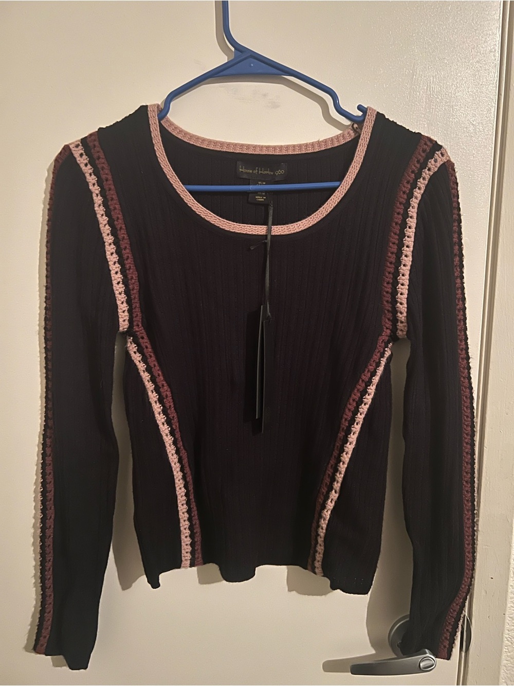 House of Harlow 1960 Black Ribbed Long-Sleeve Top with brown/tan Trim